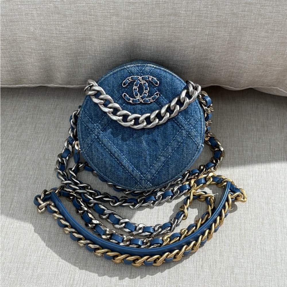 SOLD - CHANEL Blue Denim Round Mini Bag Mixed HW
